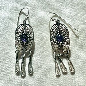 Vintage Sterling Silver Amethyst Dangle Earrings Filigree Stone Tear Drop Boho